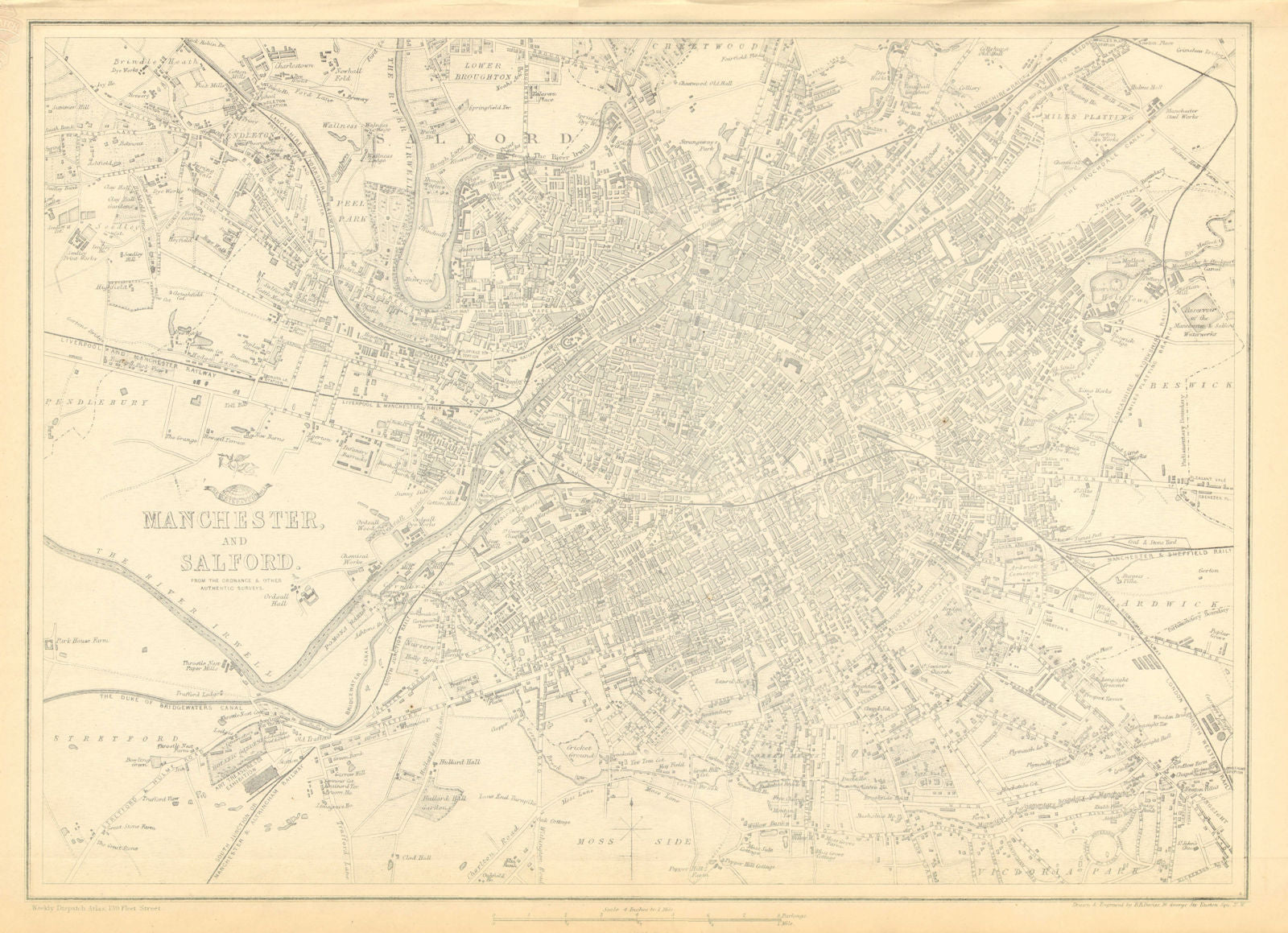 MANCHESTER & SALFORD. Large town/city plan by BR DAVIES.Dispatch Atlas 1863 map